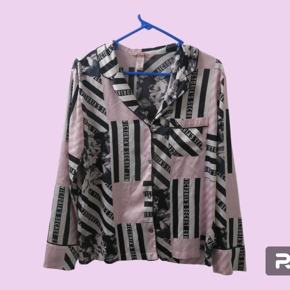 Victoria's Secret patch work stripes and flowers collared sleeve shirt in white